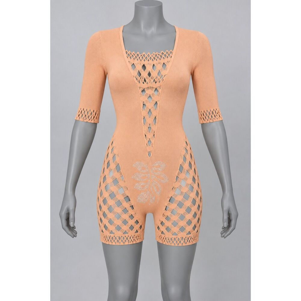 Peach Fishnet Cutout Knit Playsuit Half Sleeve Bodycon Romper